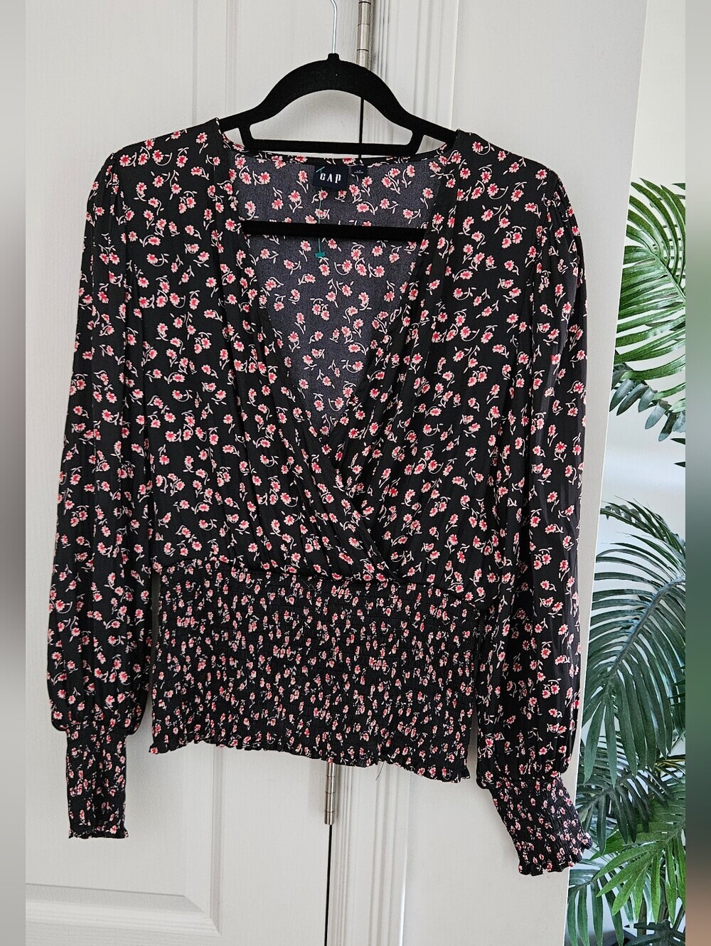 Gap Black Long-Sleeve Floral Wrap Blouse - Pink Rose Print